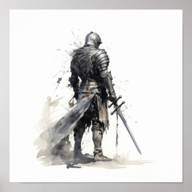 Epic Knight med Sword - Stunning Black and White Poster (Framsidan)
