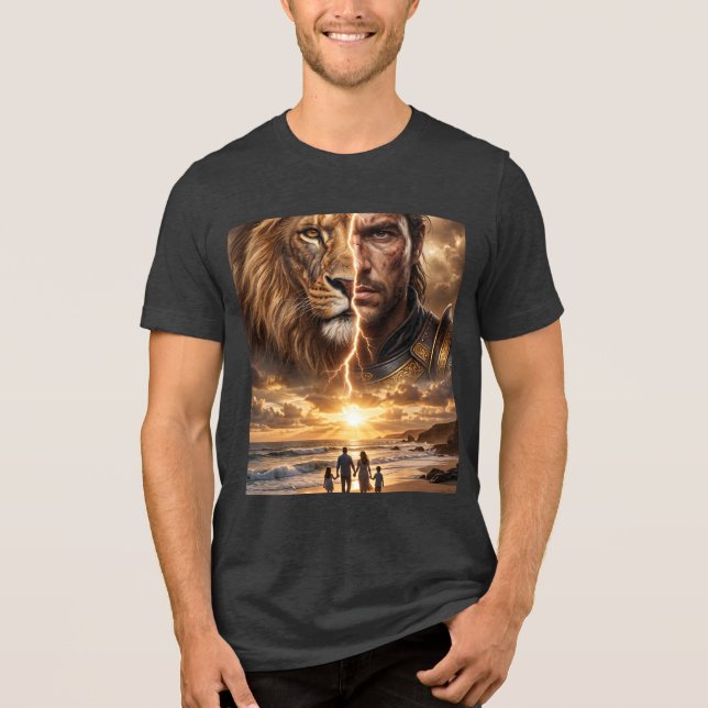 Epic Lion and Warrior Sunset  T Shirt (Framsida)