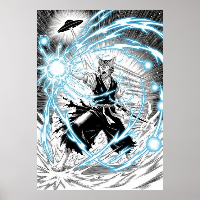 Epic Manga Style Cat Warrior Energy Blast UFO Poster (Framsidan)