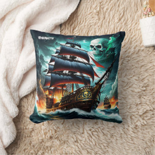 Epic Pirat Frakt Battling Stormy Seas at Dusk Kudde