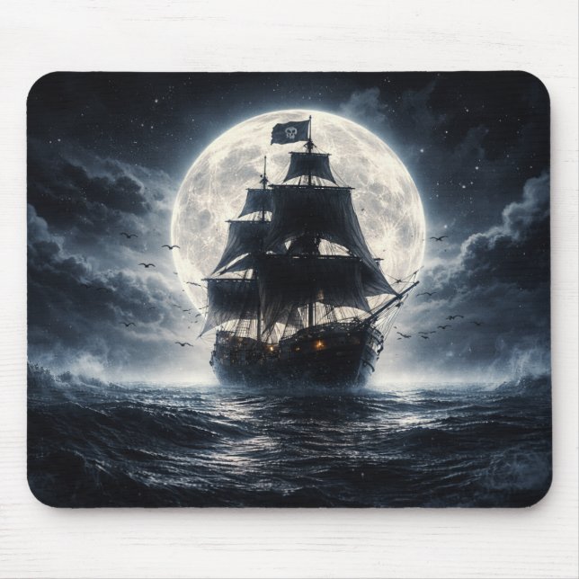 Epic Pirate Ship Moon Mouse Pad – Dark Ocean Pirat Musmatta (Framsidan)