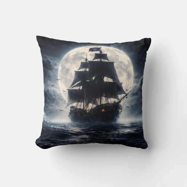 Epic Pirate Ship Moon Throw Pillow – Dark Ocean Pi Kudde (Framsida)