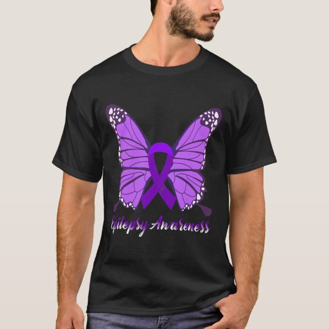 Epilepsi Awareness Butterfly Lila Ribbon Epileps T Shirt (Framsida)