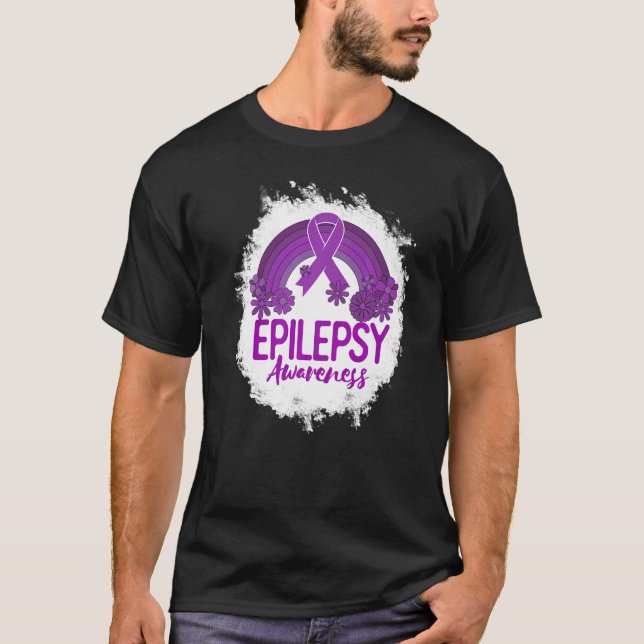Epilepsy Awareness Bleached Rainbow Purple Ribbon  T Shirt (Framsida)