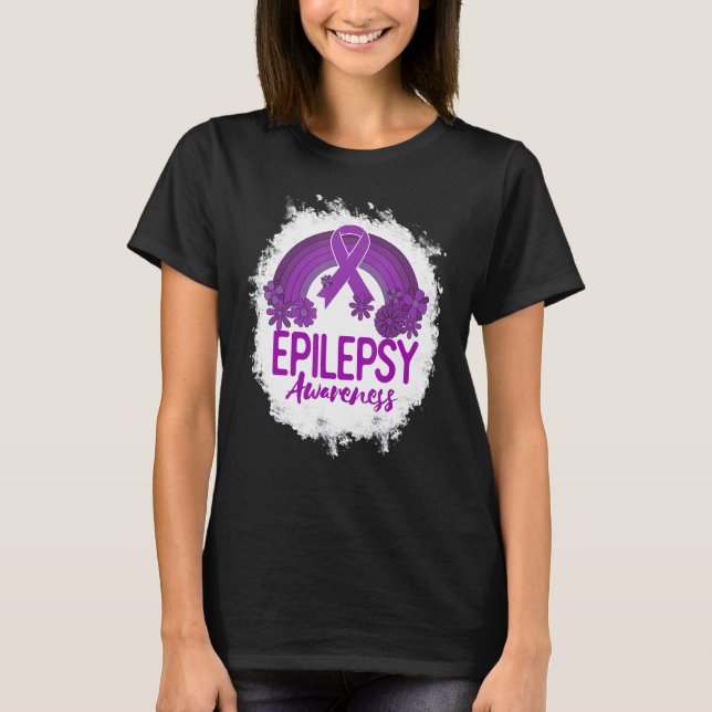 Epilepsy Awareness Bleached Rainbow Purple Ribbon T Shirt (Framsida)