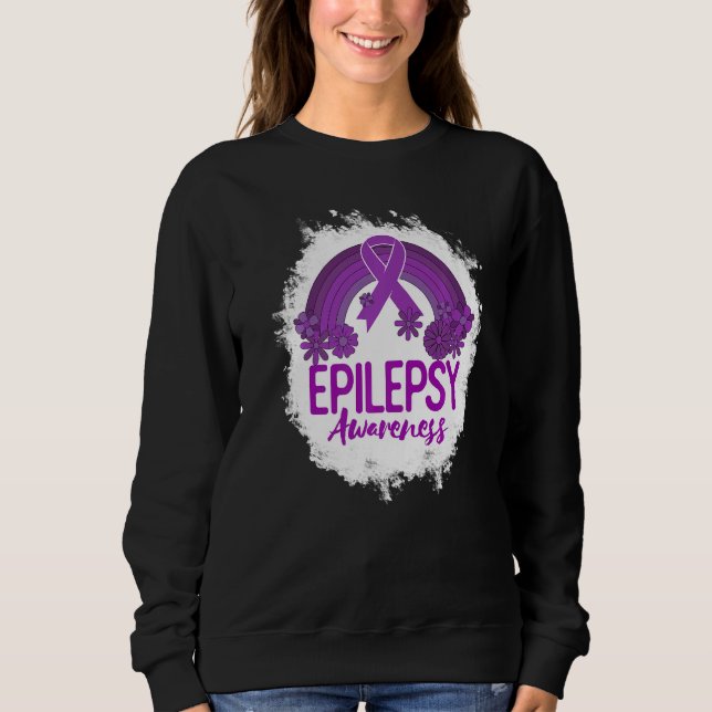 Epilepsy Awareness Bleached Rainbow Purple Ribbon  T Shirt (Framsida)