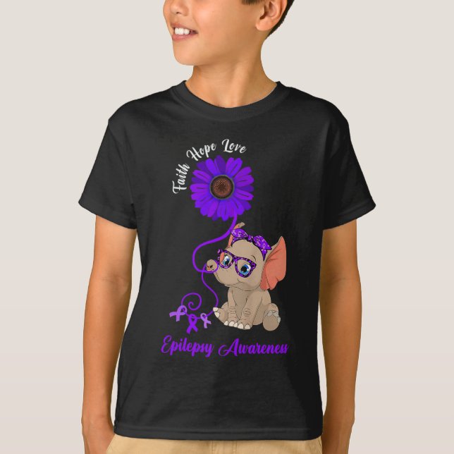 Epilepsy Awareness Elephant Faith Hope Love Sunflo T Shirt (Framsida)