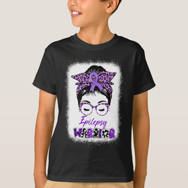 Epilepsy Awareness Messy Bun Warrior Leopard Banda T Shirt (Framsida)