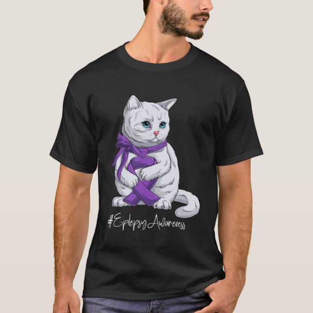 Epilepsy Awareness Month Purple Ribbon Cat T Shirt (Framsida)