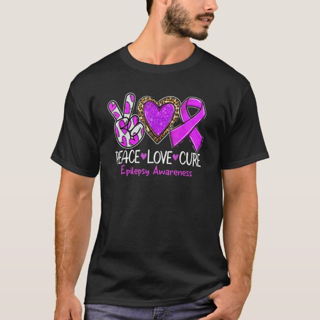 Epilepsy Awareness Peace Love Cure Purple Ribbon L T Shirt (Framsida)