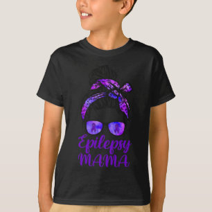 Epilepsy Mamma Messy Bun Hair Glasses Bandana Purp T Shirt