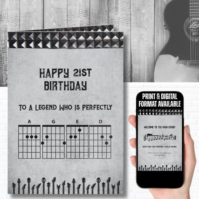 Episk 21-års Rockstjärna Gitarr Födelsedagspresent Kort (This custom 21st birthday card is the perfect "Main Stage" tribute for the musician in your life)