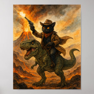 Episk Cowboy Katt Ridande Dinosaurie – Djärv Akvar Poster