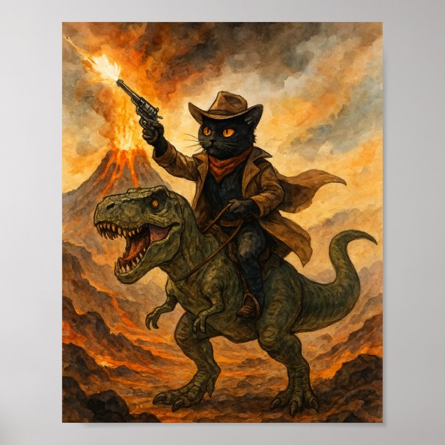 Episk Cowboy Katt Ridande Dinosaurie – Djärv Akvar Poster (Framsidan)