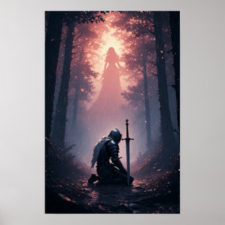 Episk riddare i en mörk fantasiskog poster
