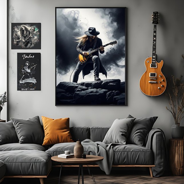 Episk Rockgitarrist Rökeffekt Canvastryck (Skapare uppladdad)