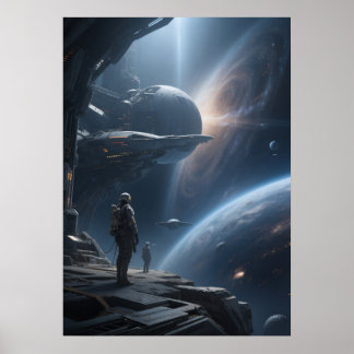 Episk rymdpromenadvy av galaxen från stjärnskepp poster
