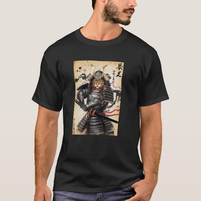 Episk Samuraj Katt Krigare Bläck Konst T Shirt (Framsida)