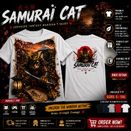 Episk Samuraj Katt Krigare Japansk Fantasy T-Shirt