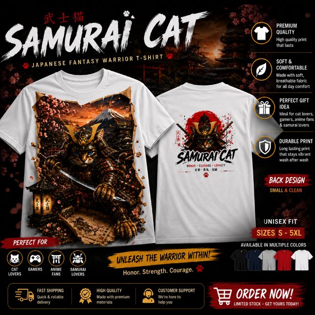 Episk Samuraj Katt Krigare Japansk Fantasy T-Shirt (Skapare uppladdad)