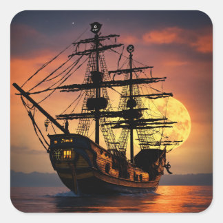 Episk Siluett av Piratskepp Solnedgång Måne Stor C Fyrkantigt Klistermärke