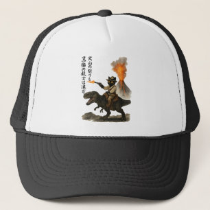 Episk svart katt cowboy ridande dinosaurie med vul keps