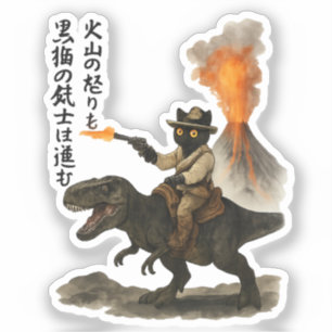 Episk svart katt cowboy ridande dinosaurie med vul klistermärken