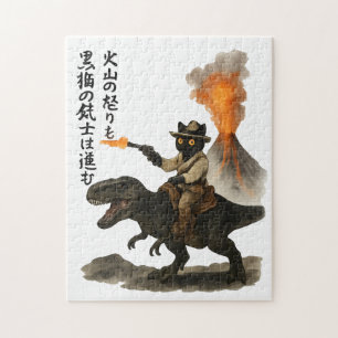 Episk svart katt cowboy ridande dinosaurie med vul pussel
