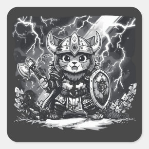 Episk Viking Katt Krigare med Yxa & Sköld Fyrkantigt Klistermärke