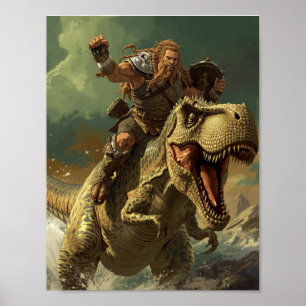 Episk Vikingkrigare ridandes på en rytande T-Rex Poster
