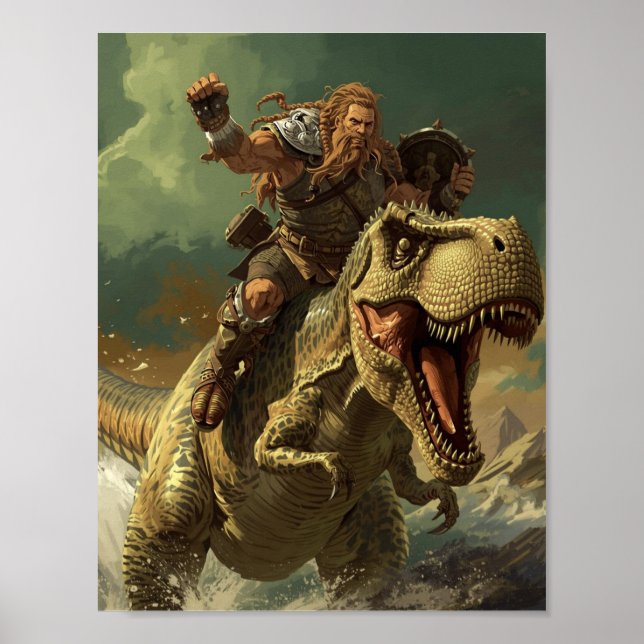 Episk Vikingkrigare ridandes på en rytande T-Rex Poster (Framsidan)