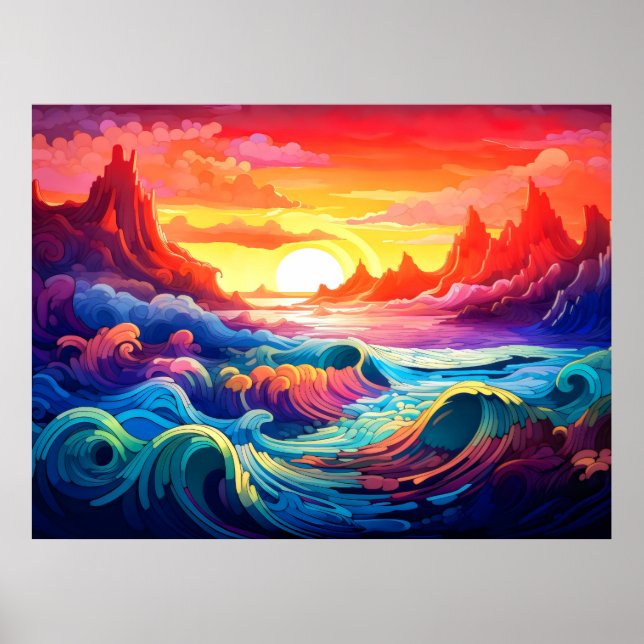 Episka vågor solnedgång hav 5 poster (Framsidan)