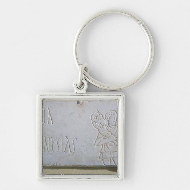 Epitaph med en lättnad av den bra herden fyrkantig silverfärgad nyckelring (Framsidan)