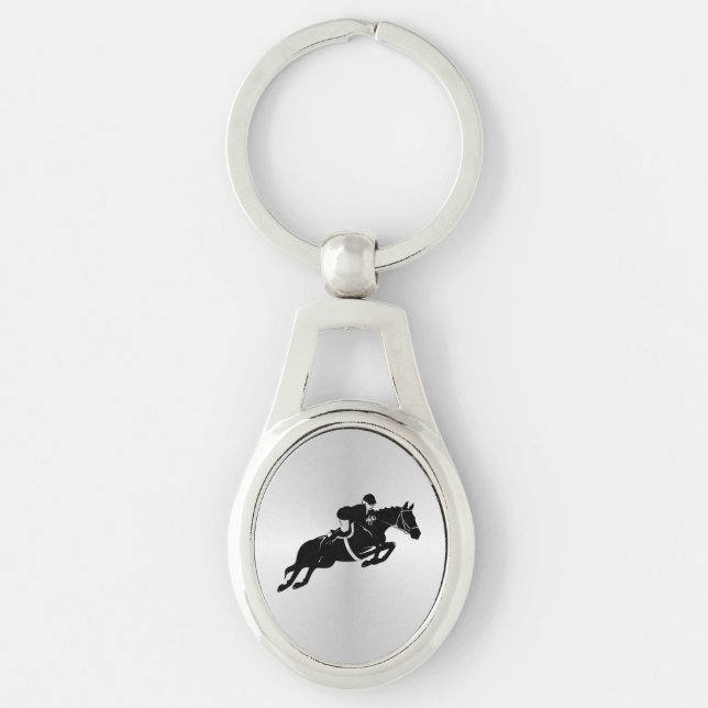 Equestrian Jumper Horse Ovalt Silverfärgad Nyckelring (Framsidan)