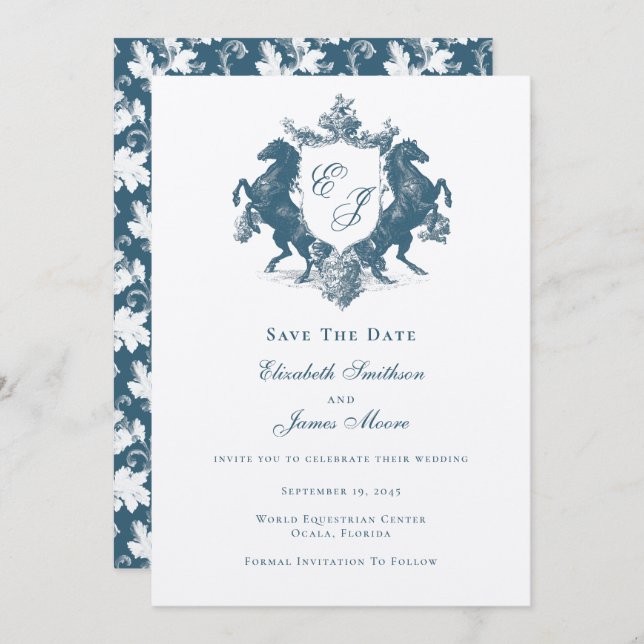 Equestrian Monogram Horses Vapensköld Teal Blue Br Spara Datumet (Fram/baksida)