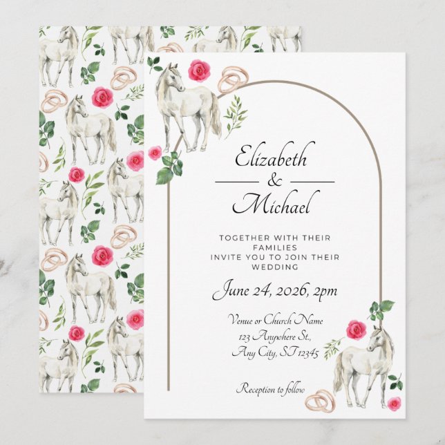 Equestrian Pink Floral Rustic Wedding Inbjudningar (Fram/baksida)