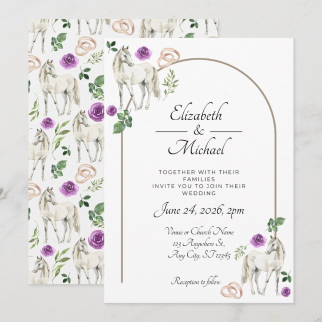 Equestrian Purple Floral Rustic Wedding Inbjudningar (Fram/baksida)
