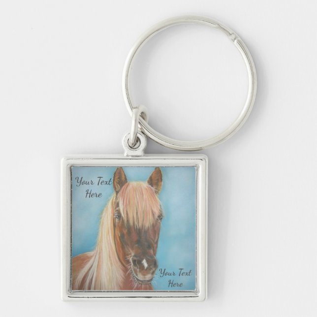 equine kastanjebrun mare med den blonda fyrkantig silverfärgad nyckelring (Framsidan)