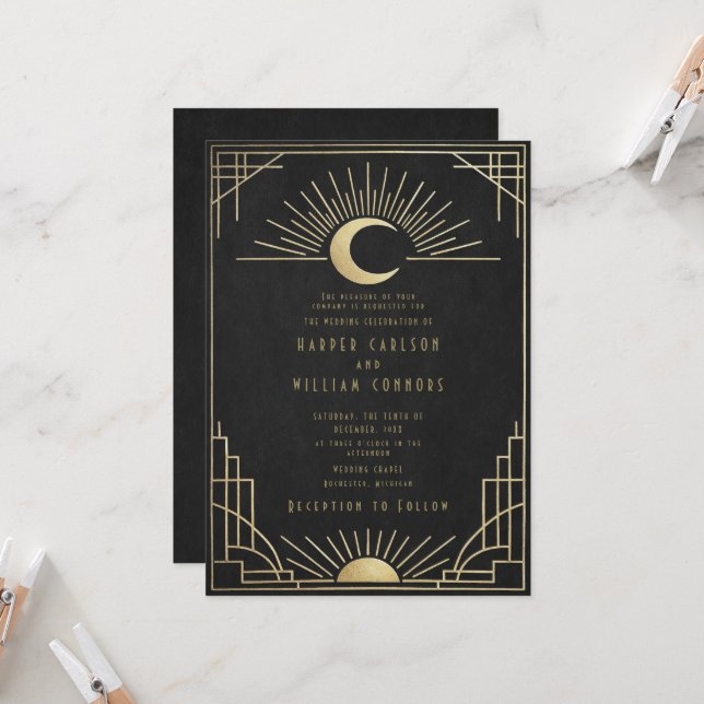 Equinox Art Deco celestial wedding Invitation Inbjudningar (Fram/Back In Situ)