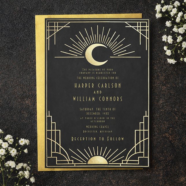 Equinox Art Deco himmelskt bröllopsinbjudan Inbjudningar (Gold and black art deco celestial wedding invitation, featuring a sun and moon.)