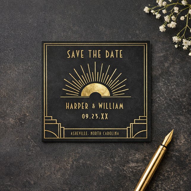 Equinox Mini Spara datum Celestial Art Deco-kort Tilläggskort (Celestial art deco save the date card in black and gold.
)