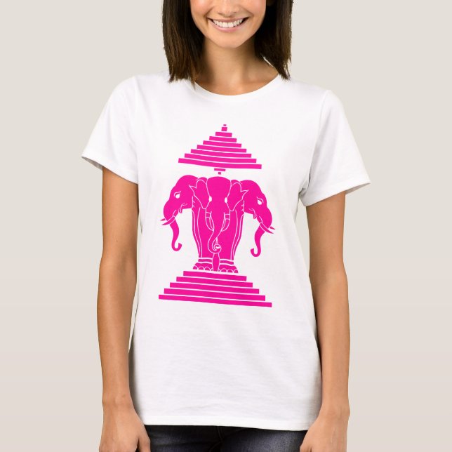 Erawan Rosa Three Headed Elephant Lao / Laos Flagg Tee Shirt (Framsida)