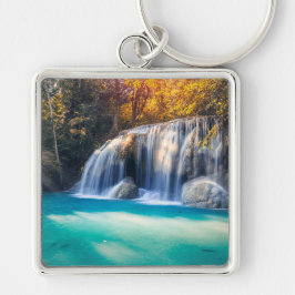 Erawan Waterfall i Kanjanaburi-provinsen Thailand Fyrkantig Silverfärgad Nyckelring