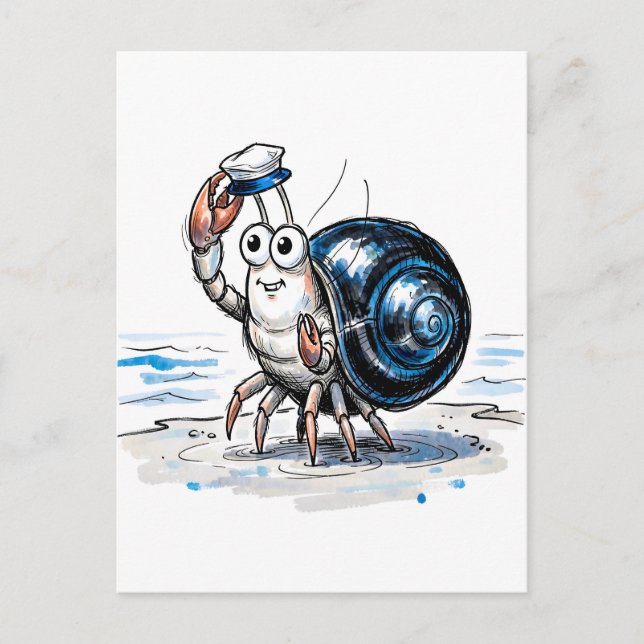 Eremitkräfta vinkar glatt i marin bläckillustratio vykort (Framsida)