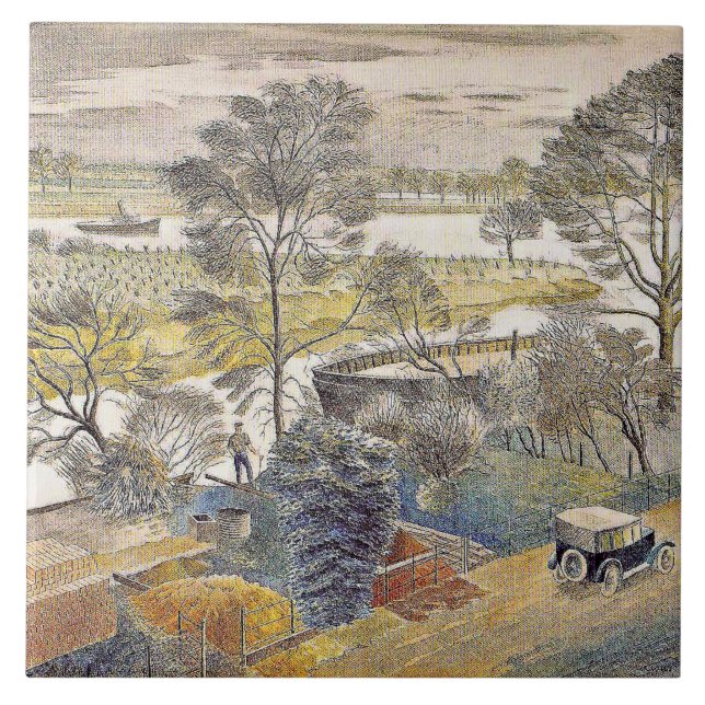 Eric Ravilious art, River Thames, Chiswick Eyot Kakelplatta (Framsidan)