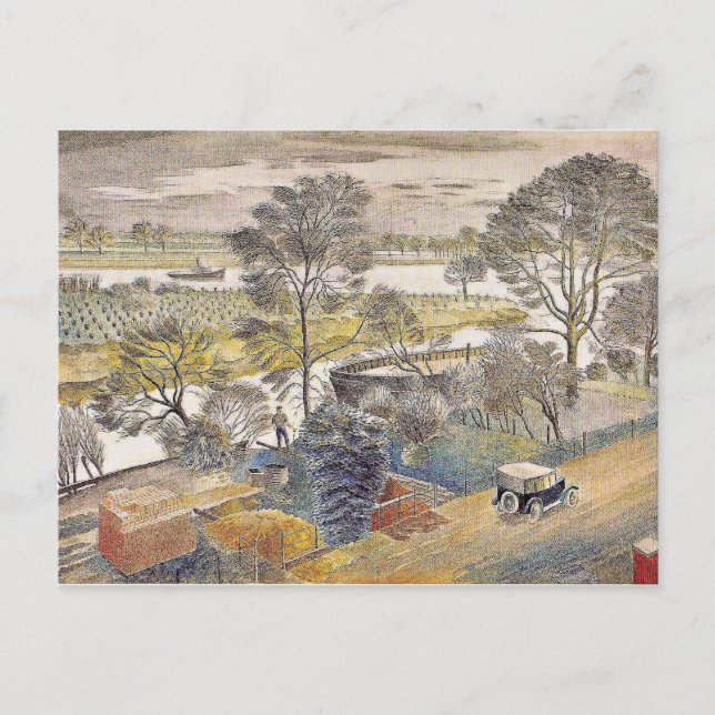 Eric Ravilious art, River Thames, Chiswick Eyot Vykort (Framsida)