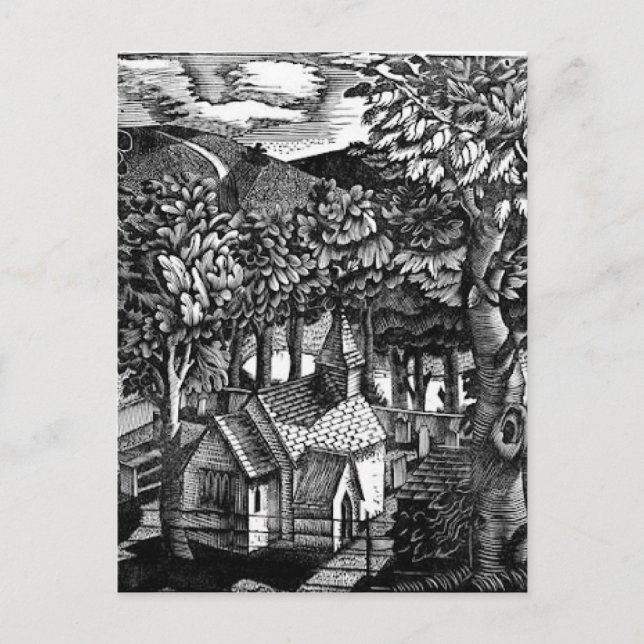 Eric Ravilious - Kyrka under en kulle Vykort (Framsida)