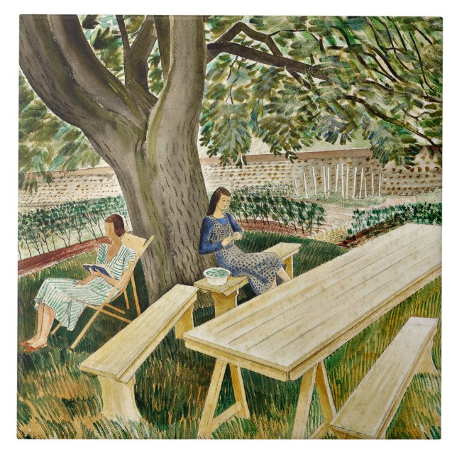 Eric Ravilious - Två kvinnor i en Garden, bra kons Kakelplatta (Framsidan)