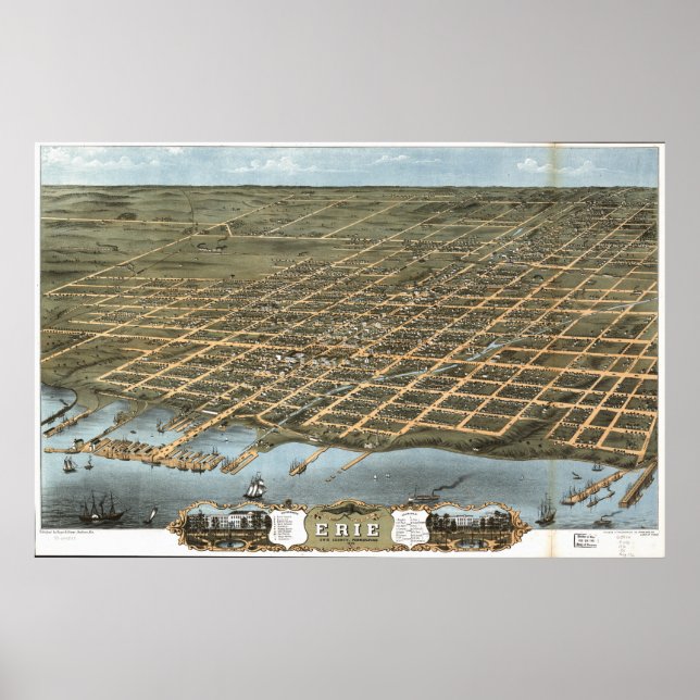 Erie Pennsylvania 1870 Antique Panoramic Karta Poster (Framsidan)