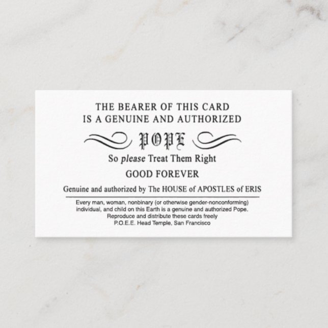Erisian Discordian POEE Pope Cards Visitkort (Framsida)